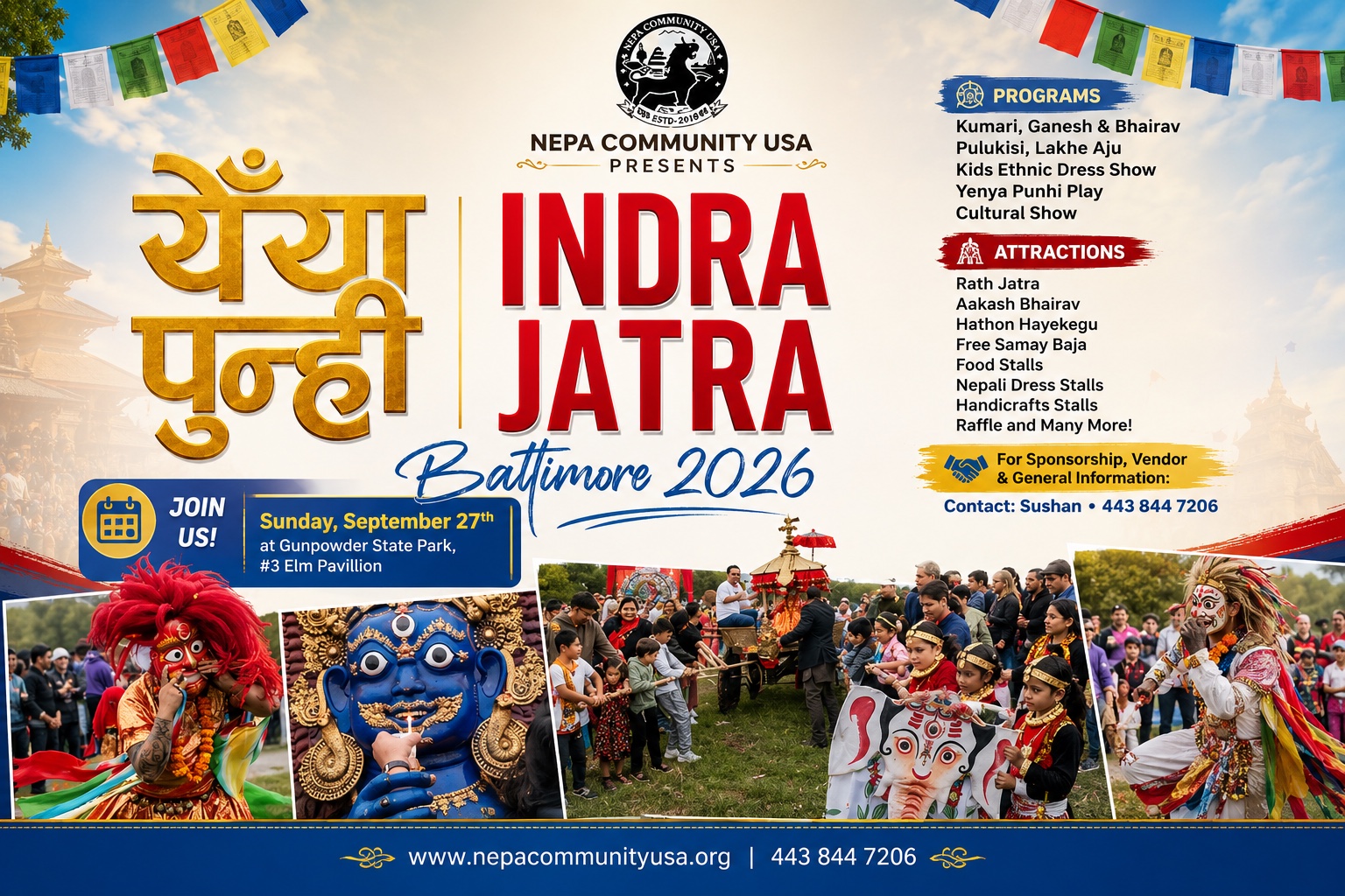 Yenya Punhi 2026 Baltimore event flyer — Nepa Community USA presents Indra Jatra, programs, attractions, and sponsorship info. Sunday September 27, Gunpowder Falls State Park, Middle River MD